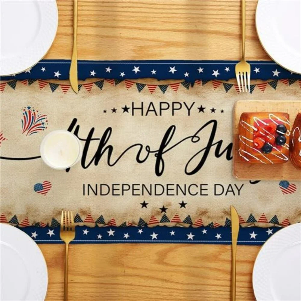 Vintage 4th of July Table Runner Linen Independence Day Party Table Decor 13x72